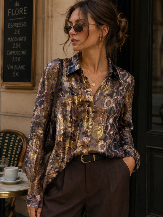 Violet & Claire Tops - Metallic Abstract Sheer Button Up Blouse Y2K Artsy Euro Chic Top L